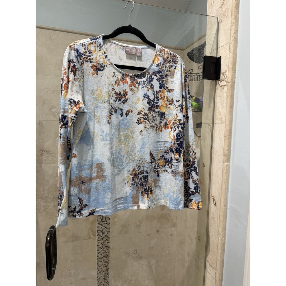 Chico's Blue Tan Floral Long Sleeve Tunic Blouse Size 1 M